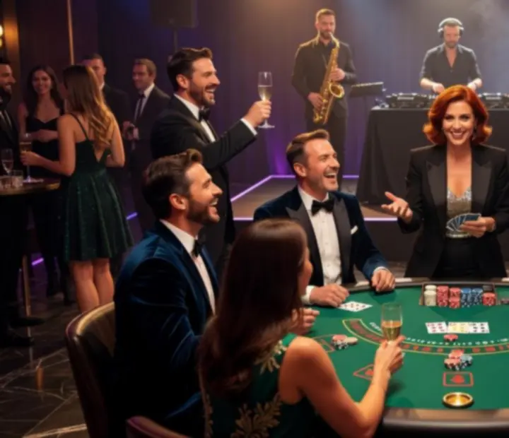 Goście bawiący się przy stole blackjack na dynamicznej imprezie