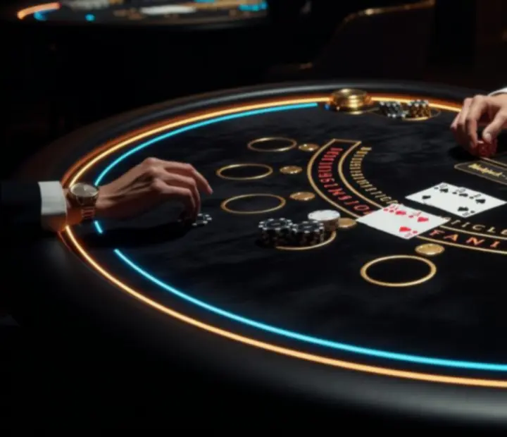 Podświetlany stół do blackjacka w eleganckiej oprawie świetlnej