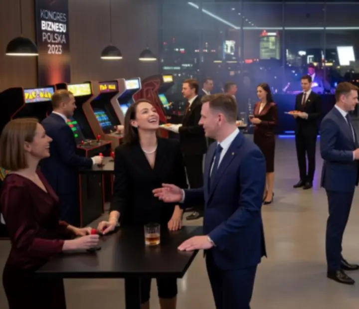 Elegancki event firmowy z gośćmi przy stołach rozrywkowych