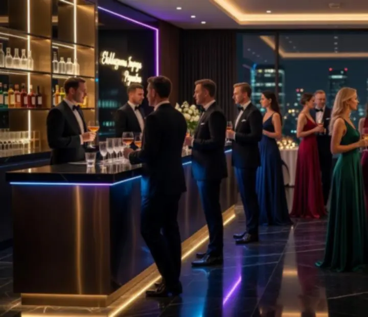 Elegancka prywatna impreza w luksusowej sali oświetlonej nastrojowym światłem