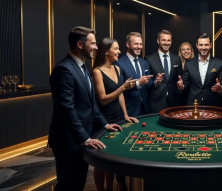 Ruletkowy stół podczas eleganckiego eventu firmowego z gośćmi w wieczorowych stylizacjach